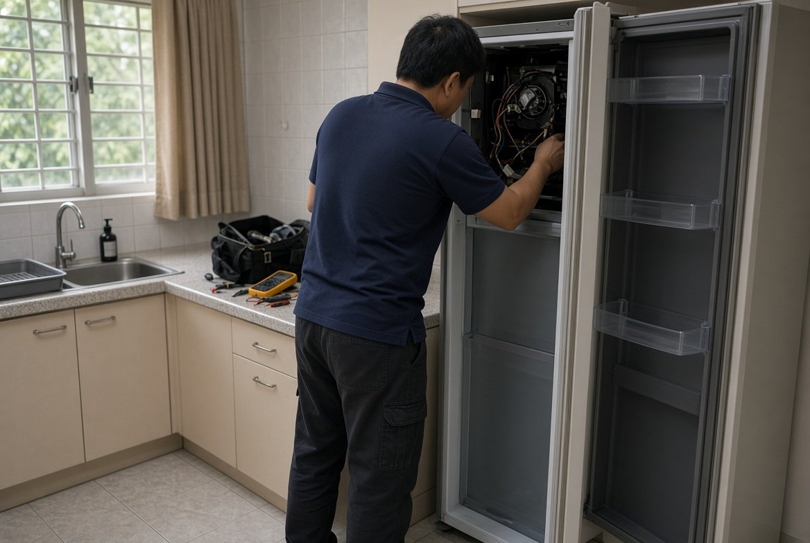Hero image — Technician working on an opened appliance, evening light