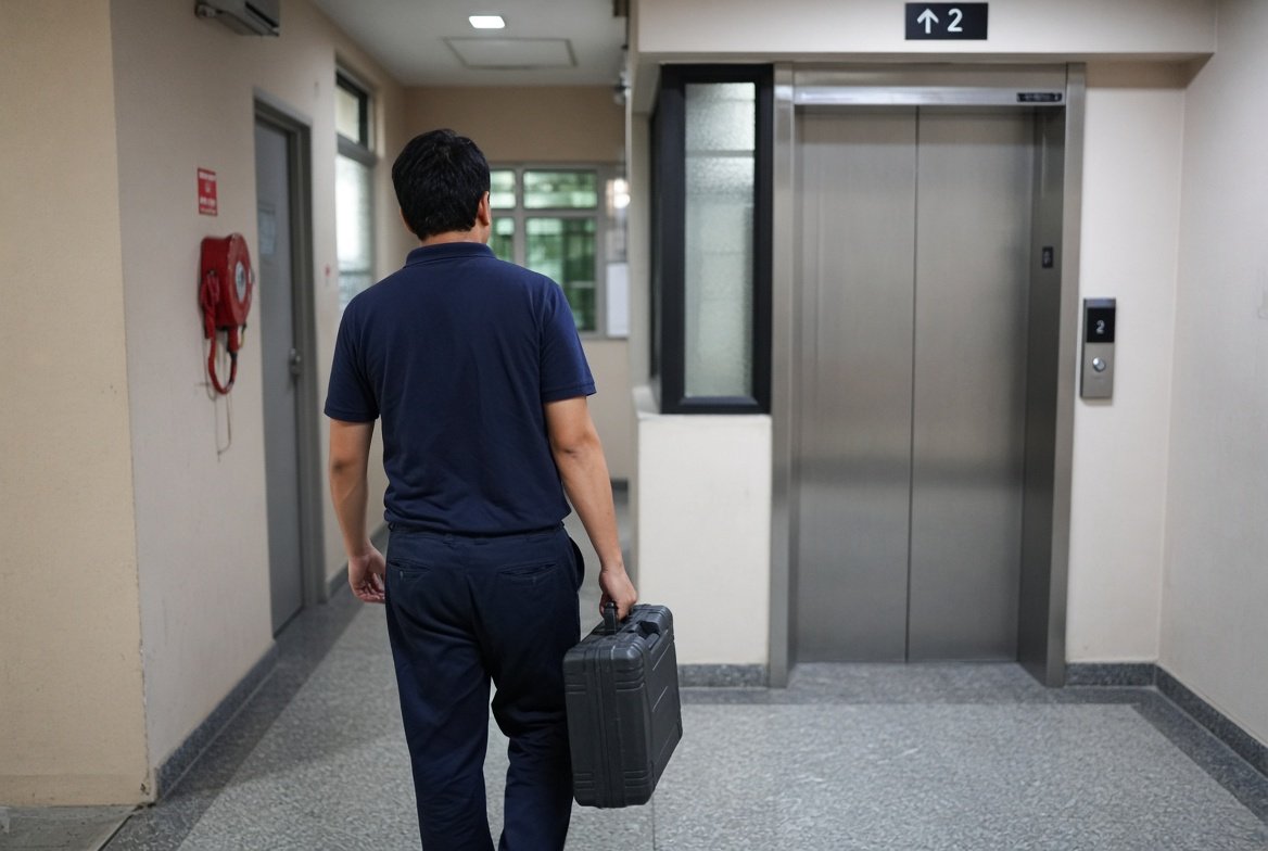 Team image — Technician arriving with tool case